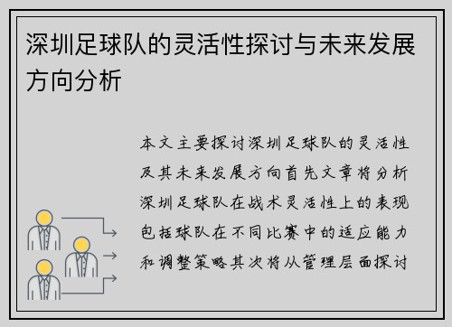 深圳足球队的灵活性探讨与未来发展方向分析