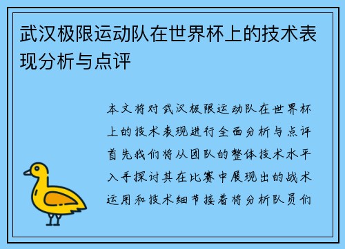武汉极限运动队在世界杯上的技术表现分析与点评