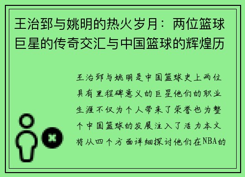 王治郅与姚明的热火岁月：两位篮球巨星的传奇交汇与中国篮球的辉煌历程