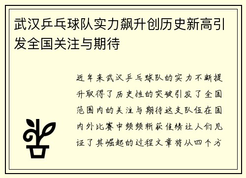 武汉乒乓球队实力飙升创历史新高引发全国关注与期待