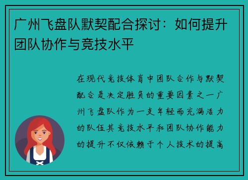 广州飞盘队默契配合探讨：如何提升团队协作与竞技水平