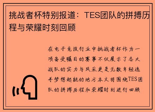 挑战者杯特别报道：TES团队的拼搏历程与荣耀时刻回顾