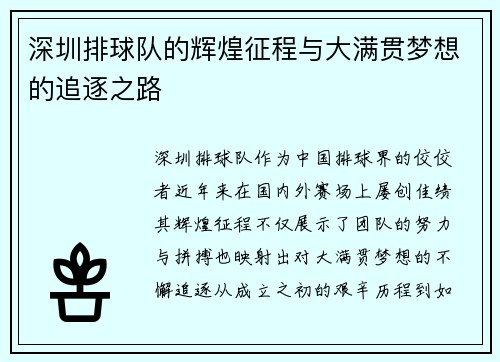 深圳排球队的辉煌征程与大满贯梦想的追逐之路