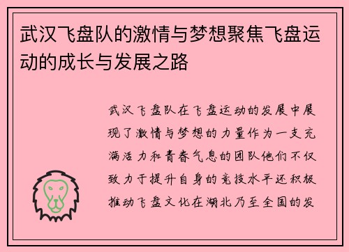 武汉飞盘队的激情与梦想聚焦飞盘运动的成长与发展之路