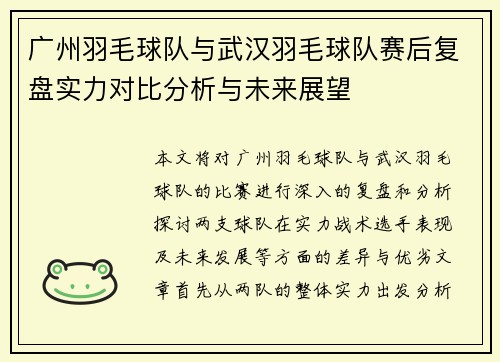 广州羽毛球队与武汉羽毛球队赛后复盘实力对比分析与未来展望
